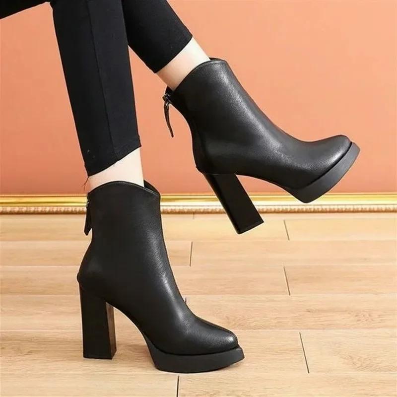Fashion 2024 High Quality Shoes Female Slingbacks Women's Boots Autumn Pointed Toe Solid High Tube Block Heels Zipper Fashion Boots