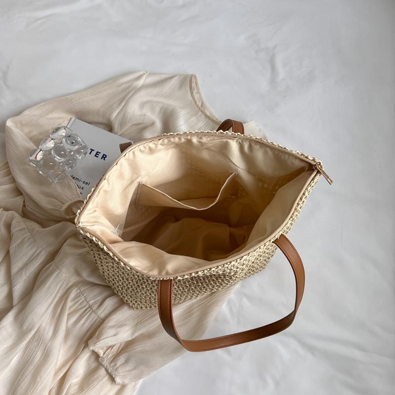 Woven Straw Tote Bag with Leather Handles Large Capacity Summer Beach Bag Women's Casual Handbag Everyday Use
