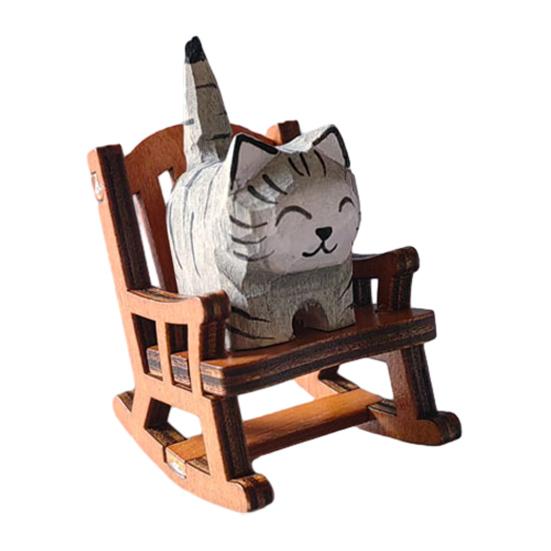 Small Hand-Carved Wooden Animal Figurine Cute Rocking Chair Cat/Dog/Fox Statue for Desk Home Office Decor K