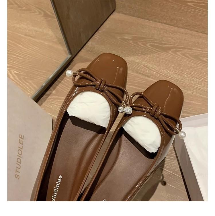 Grape Mom Frida Girl~ Square Head Bow Light Mouth Delicate Pearl Ballet Flat Shoes Lambskin Single Shoes