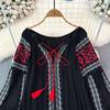 Retro Embroidered Shirt Top Female 2025 Spring Lace Up Tassel Loose Lantern Sleeves Ethnic Style Blouse Female