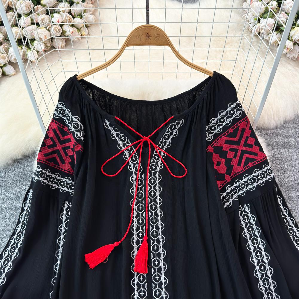 Retro Embroidered Shirt Top Female 2025 Spring Lace Up Tassel Loose Lantern Sleeves Ethnic Style Blouse Female