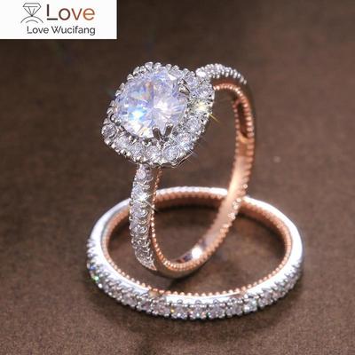 2Pcs/Set Luxury Wedding Rings for Women Two Tone Paved Shiny Cubic Zirconia Classic Lady Jewelry Valentines