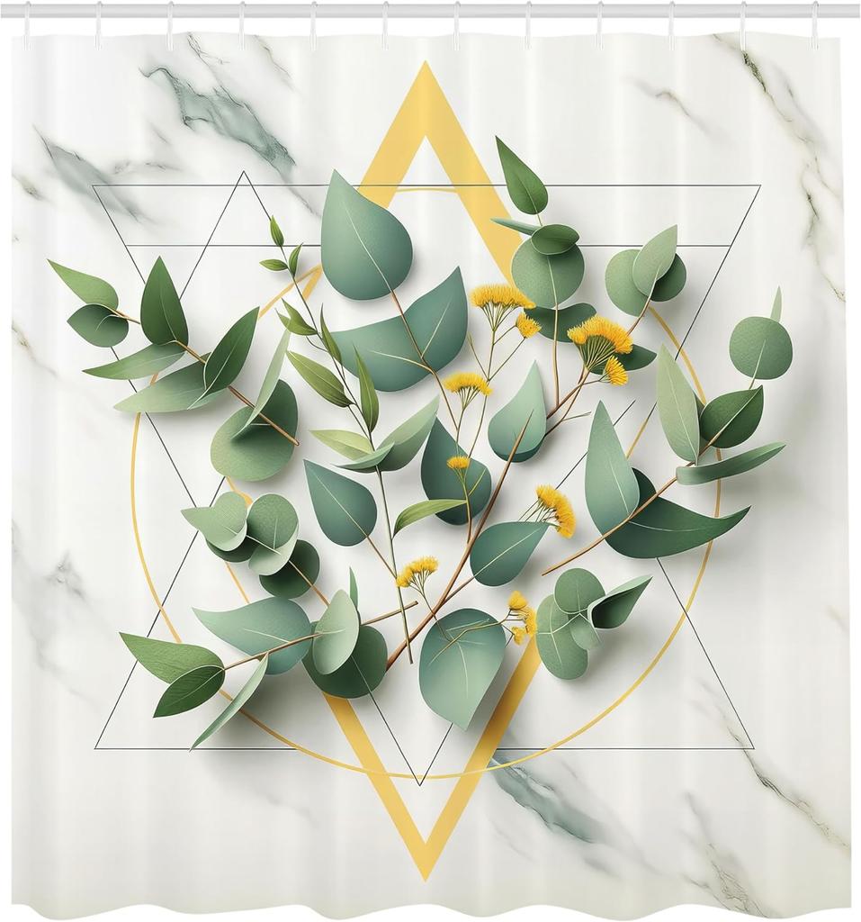 Eucalyptus Leaves Shower Curtain, Modern Botanical Composition With Branches On Polygonal Shapes, Cloth Fabric Bathroo
