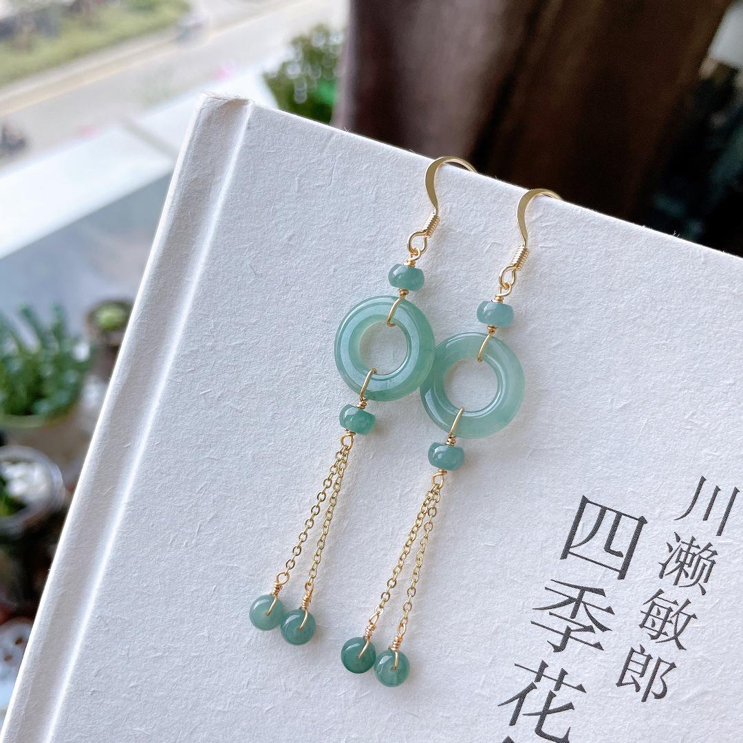Natural Jade Blue Ice Donut Tassel Earrings, 14k Gold-Plated - Chinese Style