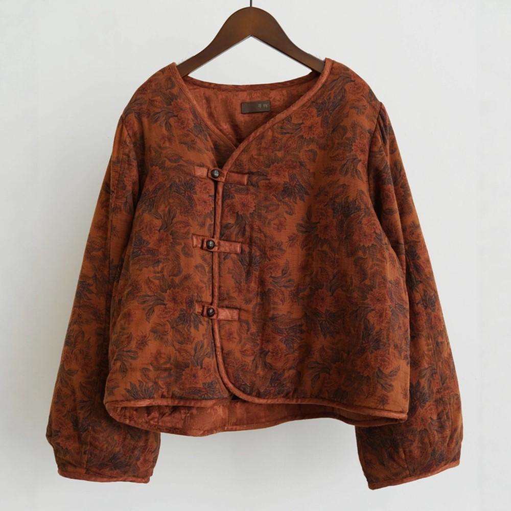 Johnature Women Vintage Winter Print Floral Thick Warm Coats Chinese Long Sleeve Button Female Coats