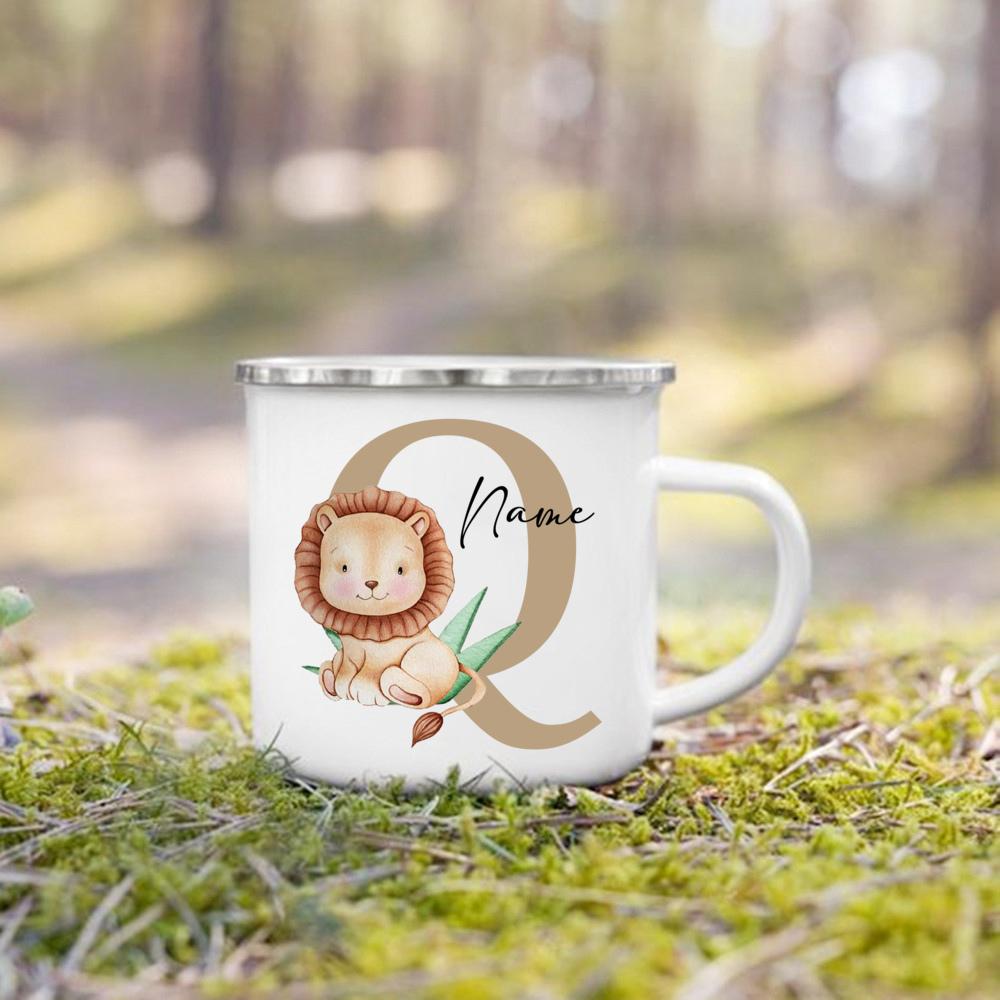 Personalized Mug for Kids Custom Deer Lion Initial with Name Cup for Boys Girls Child Handle Mugs Birthday Festive Gifts for Kid