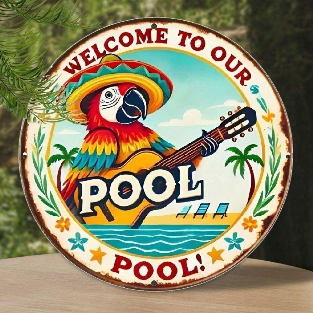 Vintage Metal Poster Round Welcome Sign, Waterproof Wall Art For Cafe Pool