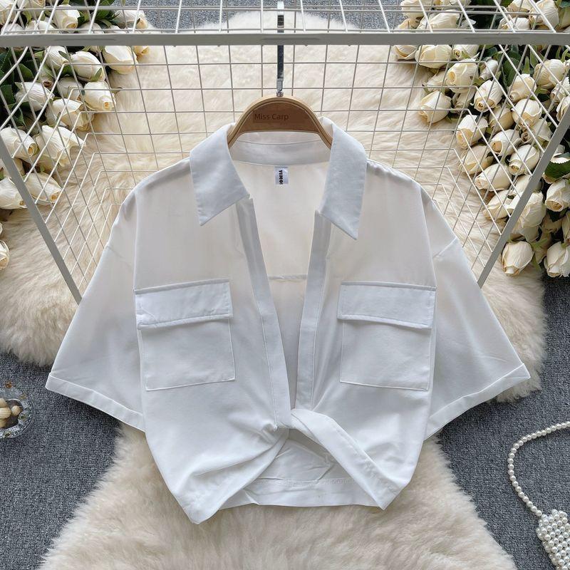 

Twisted Niche Style Midriff-Baring Top Short-Sleeved Shirt White One size