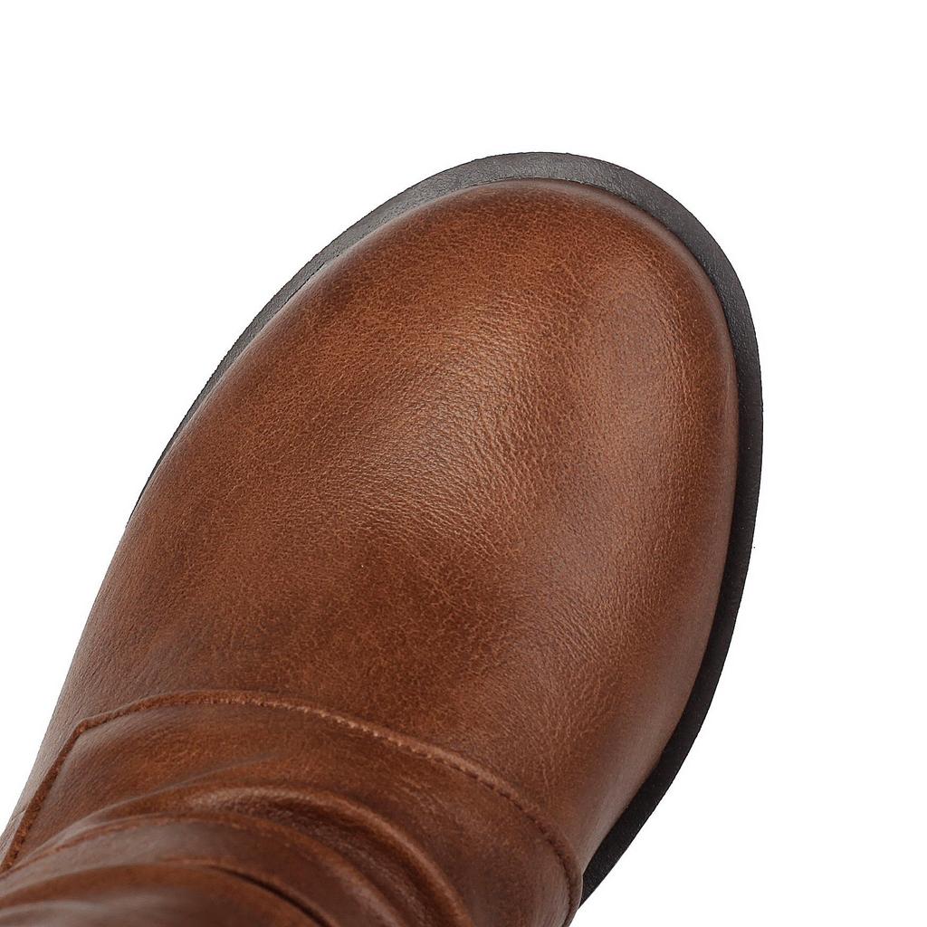 Women's Mid-Calf Buckle Strap Boots, Mid-Heel, Round-Toe, Thick Sole, Plus Size 35-45, Autumn/Winter 2026