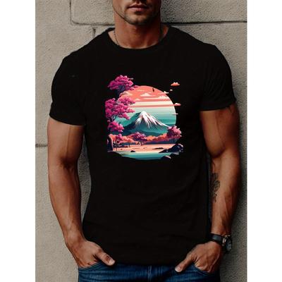 T-shirt Imprimé Paysage de Montagne Taille Européenne, T-shirts Pour Hommes, T-shirt Décontracté à Manches Courtes Pour l'Été