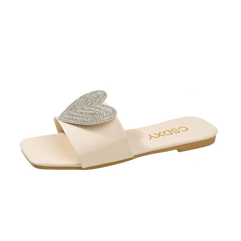 Fashion Sweet Rhinestone Heart Slides Women, Beige Casual Daily Sandals, CSDXY Brand Fashion Footwear