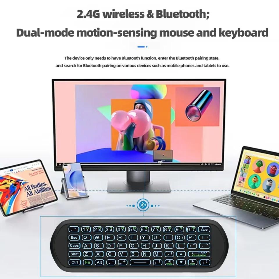 Trådløs stemmefjernkontroll 7-farget bakgrunnsbelyst luftmus 2.4G Bluetooth minitastatur oppladbart IR-læring for MacBook Smart TV Android TV-boks