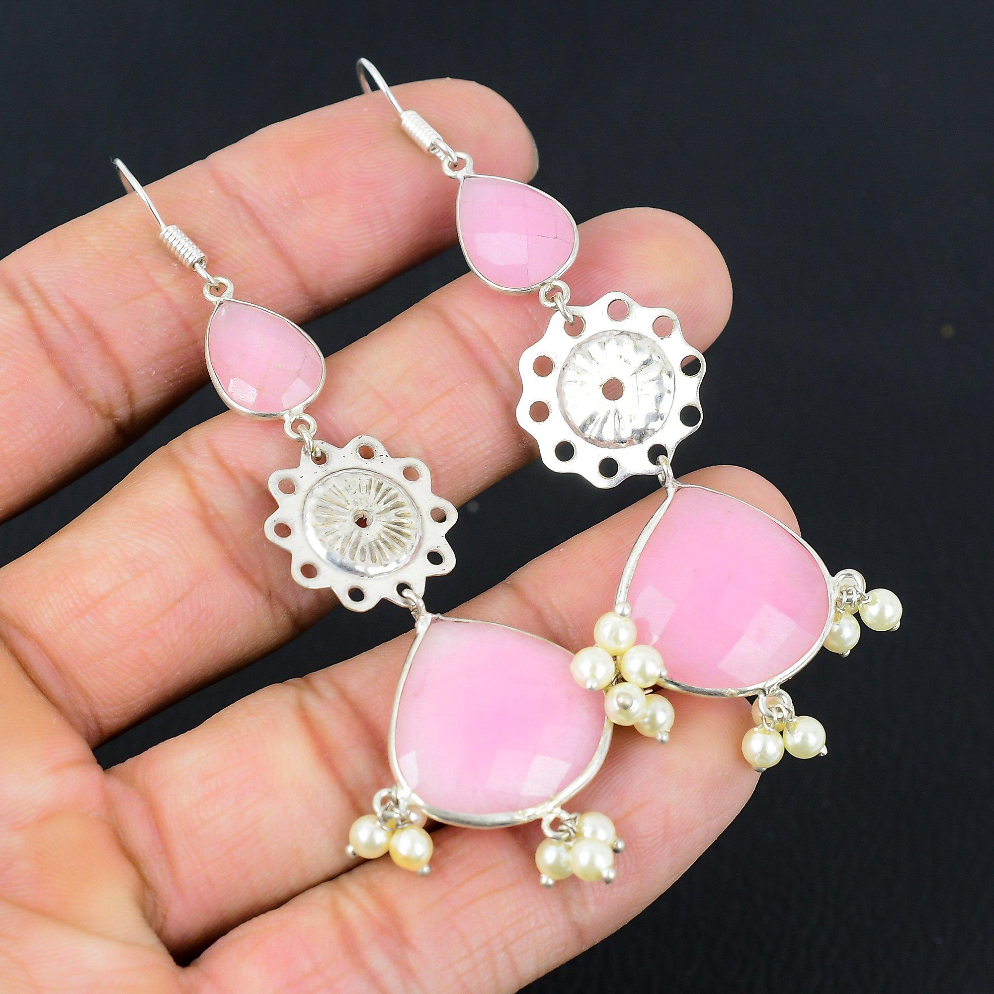 

Pink Chalcedony Gemstone Mother Birthday Dangle Earrings Jewelry Sterling Silver