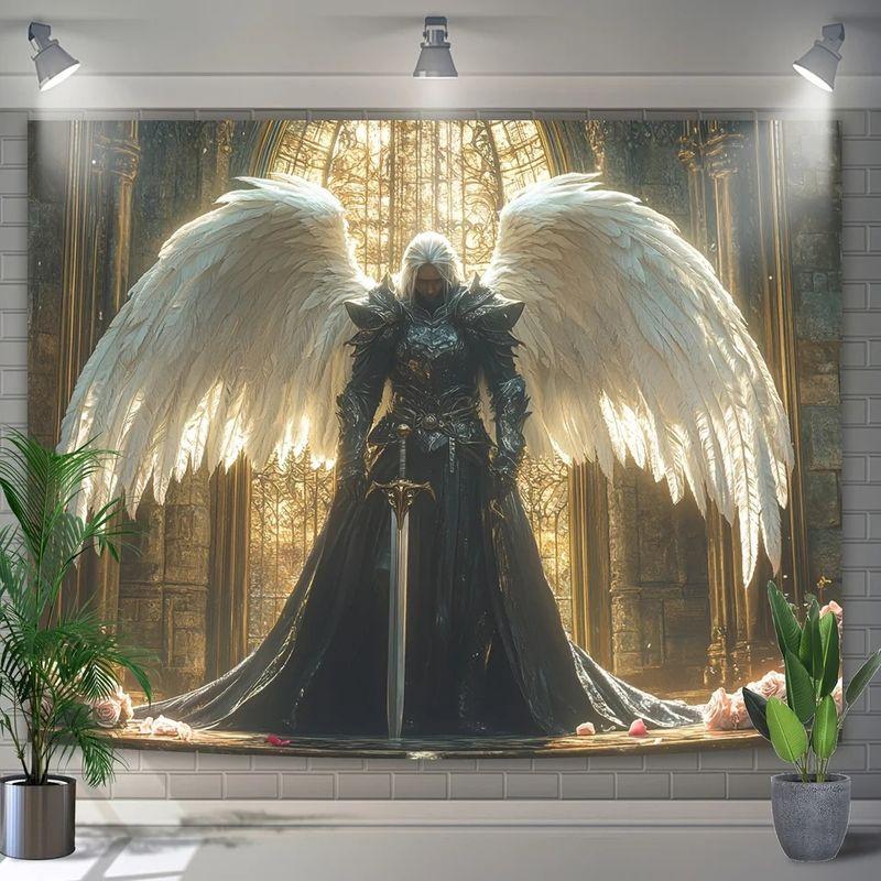 European American Angel Knight Tapestry, Gothic Fantasy Wall Hanging, Aesthetic Living Room Bedroom Office Decor