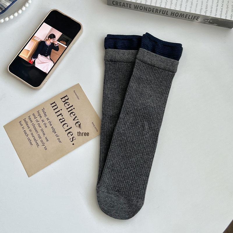 Women's Korean-Style Ribbed Vertical Stripe Contrast Puffy Socks - Versatile Cotton Patchwork