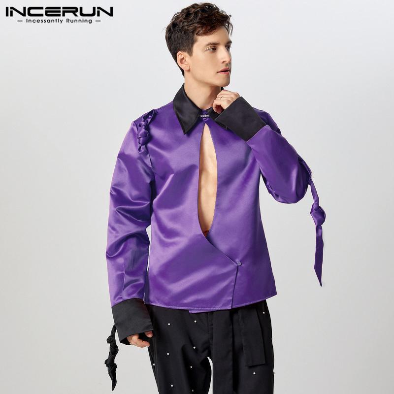 INCERUN Men Lapel Neck Long Sleeve Satin Shirts Solid Color Bandage Hollow Front Cross Tops