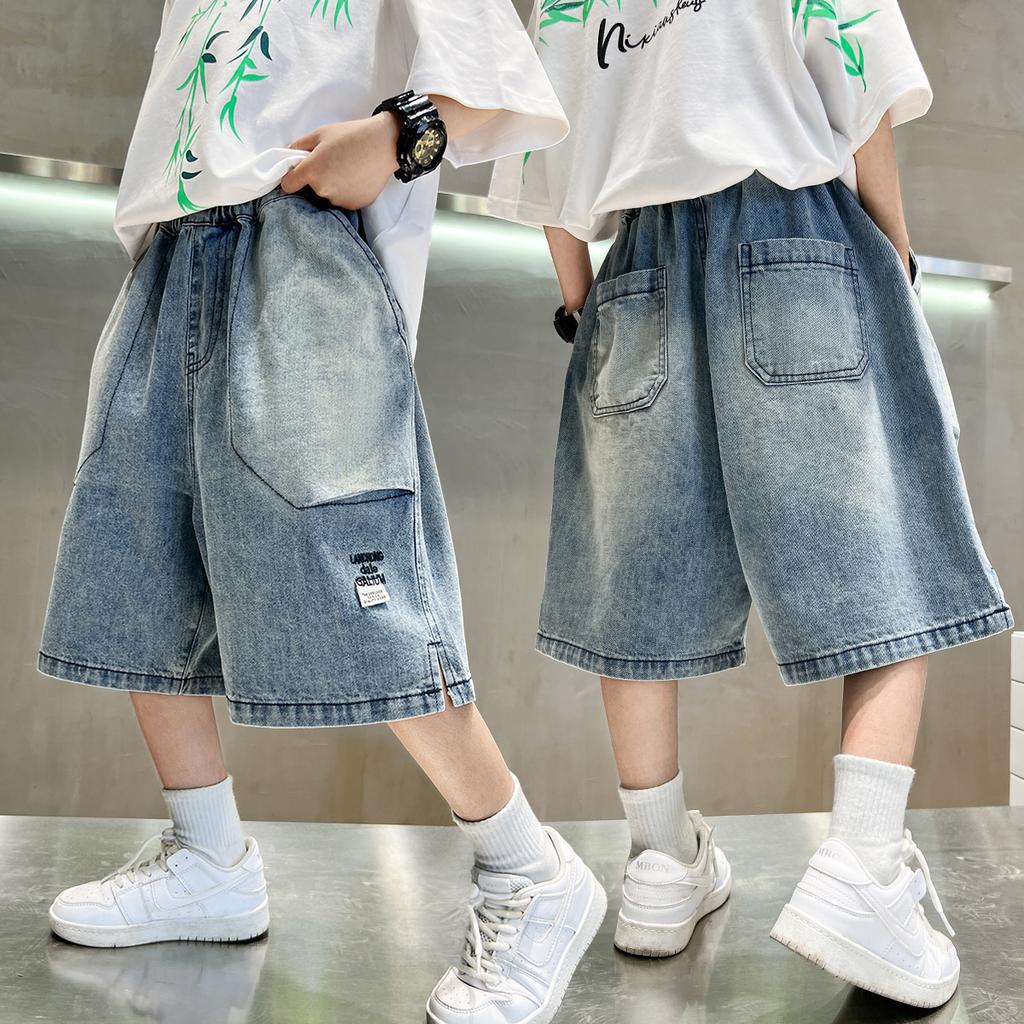 Tween Boy Casual Denim Shorts for Summer Kids Vintage Capris Denim Pants Teens Child Loose Style Knee Length Jeans 5-14Y