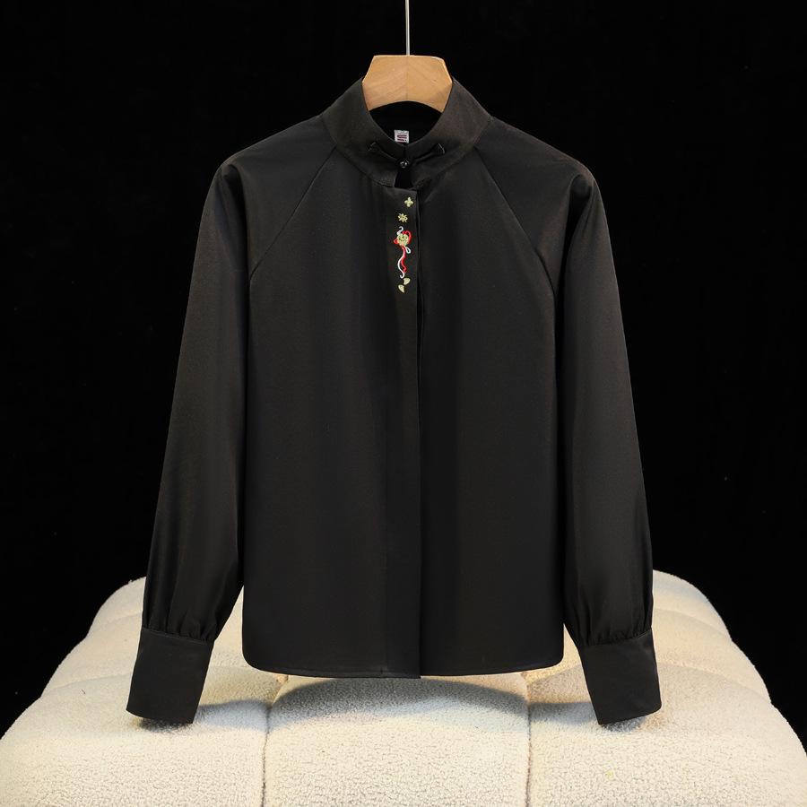 

Рубашка приталенного силуэта в новом китайском стиле ретро со стоячим воротником и вышивкой, с длинными рукавами, идеально подходит для сочетания с юбкой Мамянь. XXL чёрный