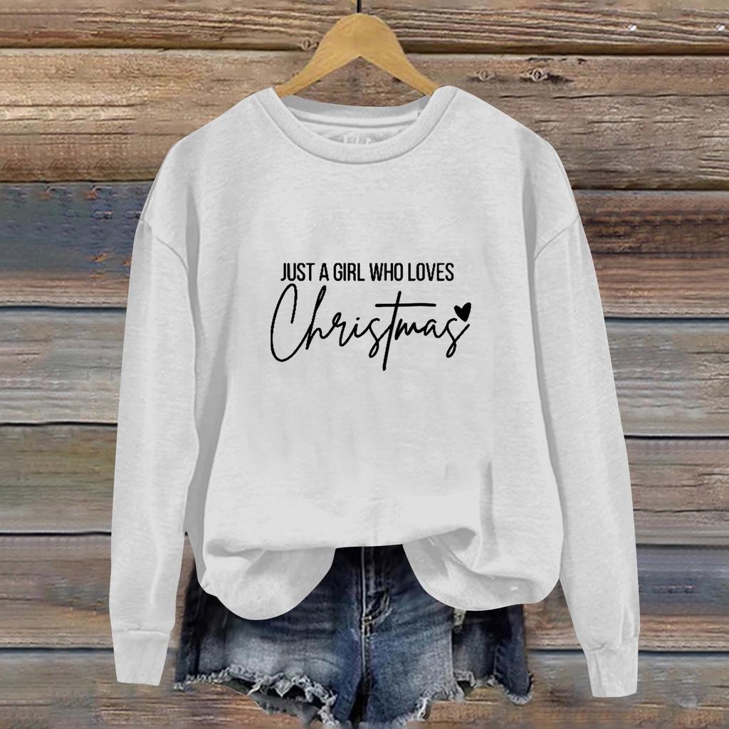 Women's Casual Loose Solid Color Christmas Letter Printed Round Neck Long Sleeved Sweatshirt