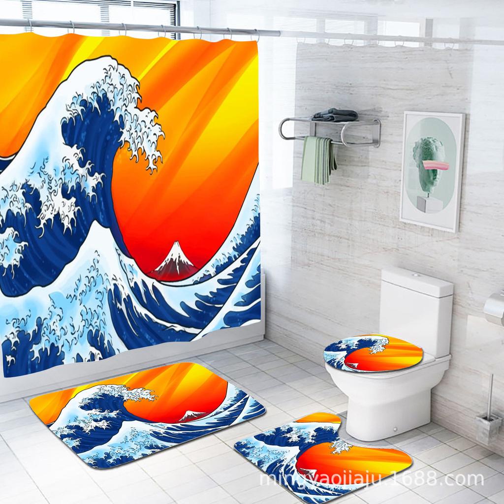 Direct Supply Digital Printing Shower Curtain Bathroom Partition Curtain Bathroom Floor Mat Four-Piece Set Three-Piece Set