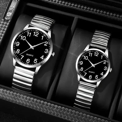 1/2 STÜCK Paar Quarz Uhr Mode Kreativ Arabische Ziffern Rundes Zifferblatt Elastisches Armband Elegante Paar Armbanduhr Geschenk für Liebende