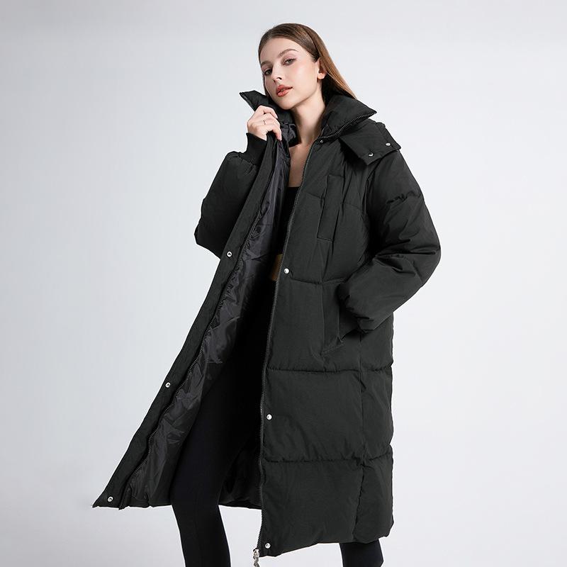 Women's Autumn and Winter Coat Solid Color Stand Collar Hooded Loose Over-the-knee Women's Coat Thickened Women's Jacket
