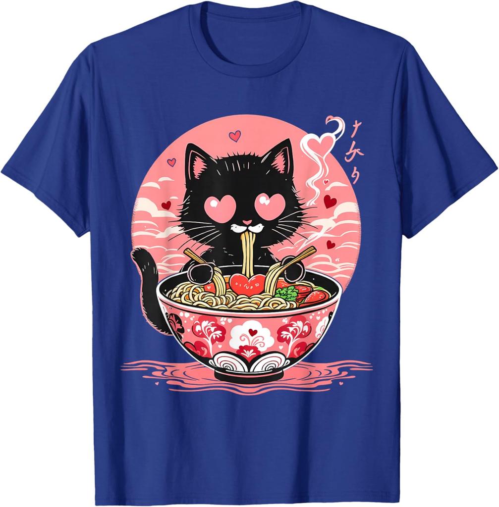 Kawaii Black Cat Eating Ramen Anime Japanese Aesthetic Graphic Tee Men Women Daily Perfect for Foodies Cat Moms