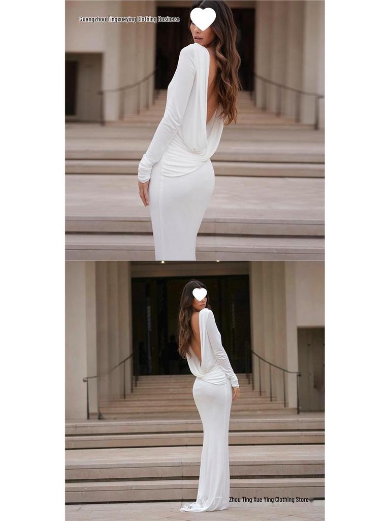 Elegant European & American Women's Backless Long Sleeve Evening Gown - Autumn/Winter Collection