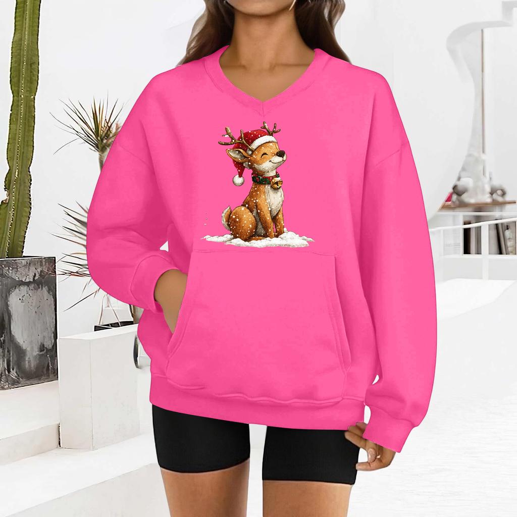 Women's Fashionable Christmas Print Long-sleeved V-neck Sweatshirt