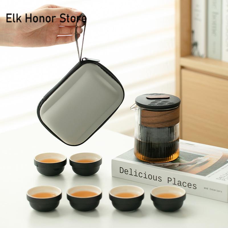 Retro Black Pottery 1 Pot 6 Cups Tea Set Outdoor Ceramic Travel Teaware Portable Glass Teapot with Filter Kung Fu Tea Maker Set