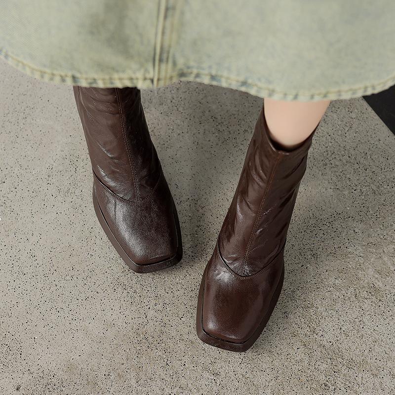 Krazing Pot Sheepskin Winter Square Thick High Heels Chelsea Boots Women Zipper Platform Ankle Boots