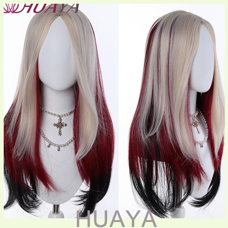 Parrucca Lunga Dritta Ombré Rosso-Nero per Halloween, Fibra Sintetica con Frangia, Parrucca Cosplay Facile da Indossare per Donne