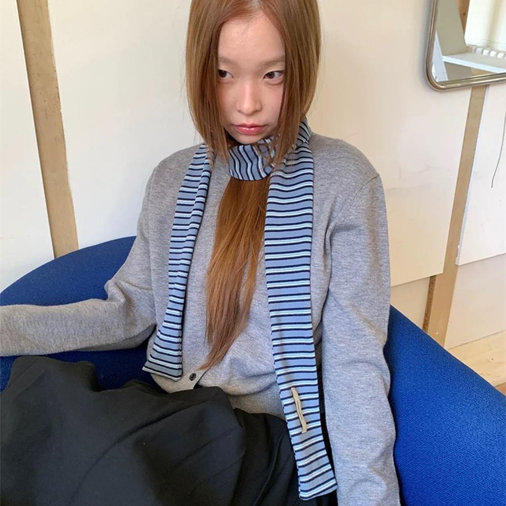 Y2K Harajuku Cotton Scarves Narrow Blue White Striped Scarf Women Fashionable Decorative Neckerchief Winter Warmth Long Scarf