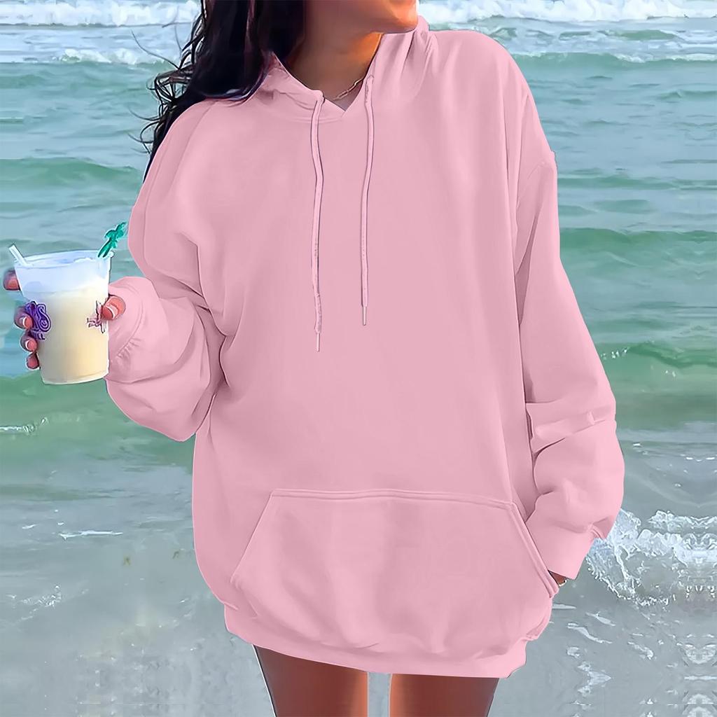 Ladies' Fashionable Casual Long Sleeved Round Neck Hooded Solid Color Hoodie With Threaded Thread