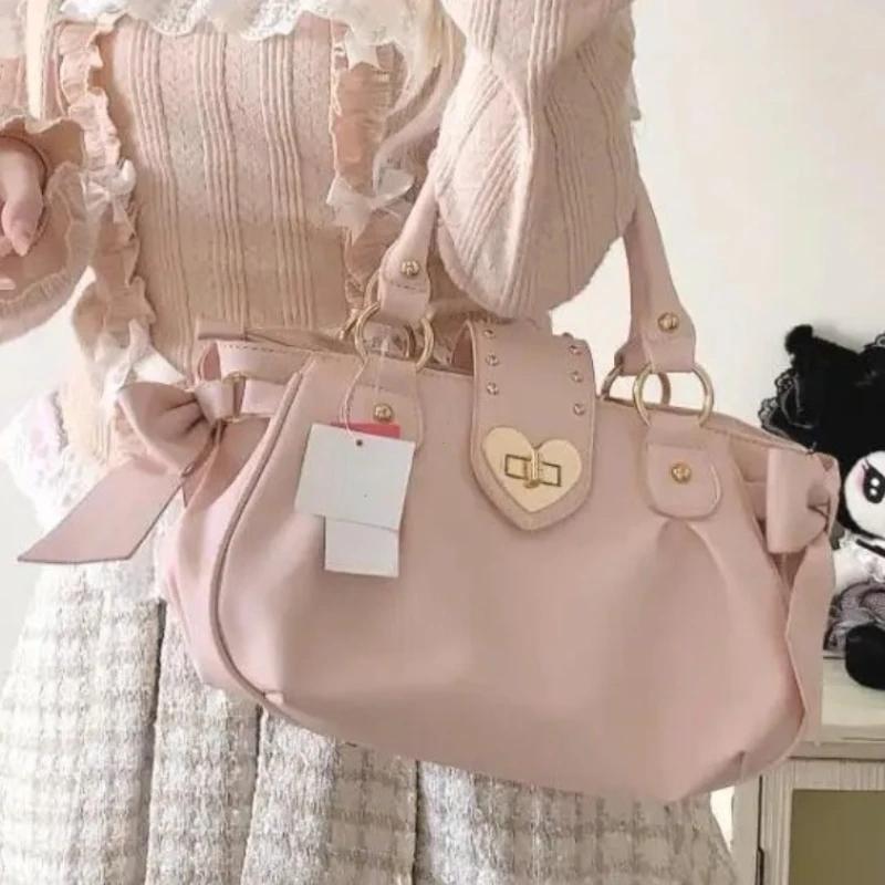 Sweet Bow Lolita Pink Women Handbag Harajuku Japanese Style Love Heart Soft Crossbody Bag Kawaii Large Capacity Shoulder Bag