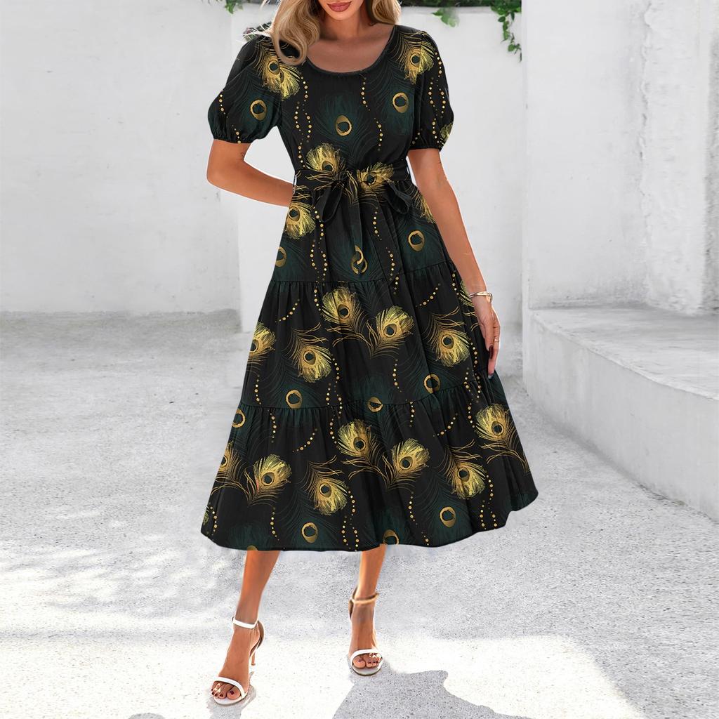 Women's Summer Short Sleeve Round Neck Waistband Bohemian Flowy Layered Maxi Dress With Pockets