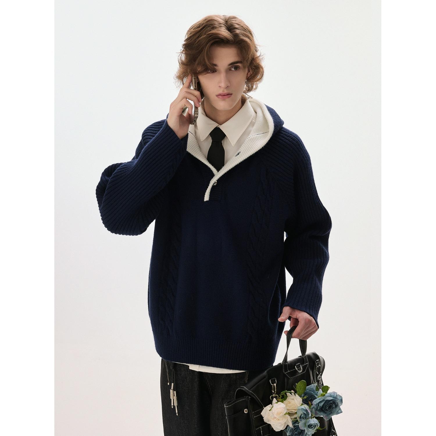 Men s Retro Color-Block Cable Knit Winter Hoodie Medium