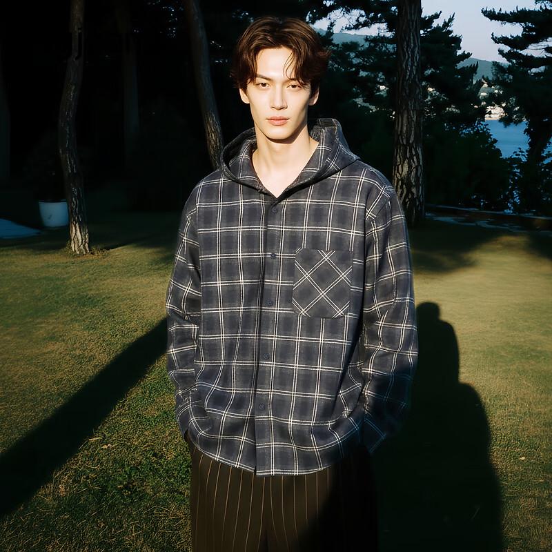 

gxgjeans Men s Blue Plaid Retro Loose Hooded Jacket XL