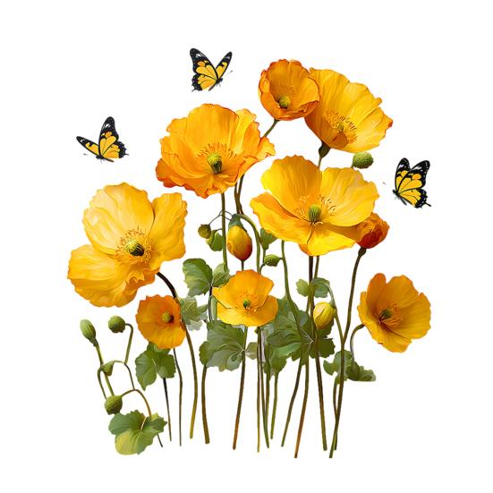Painted Yellow Flower Self-Adhesive Removable Art Artistic Butterfly Window Decals Waterproof Wall PVC