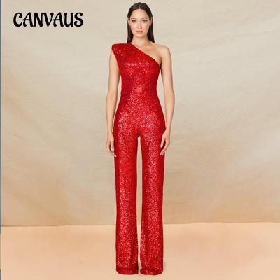 Women's New Sleeveless One Shoulder Fashion High Waist Design Sequined Jumpsuit