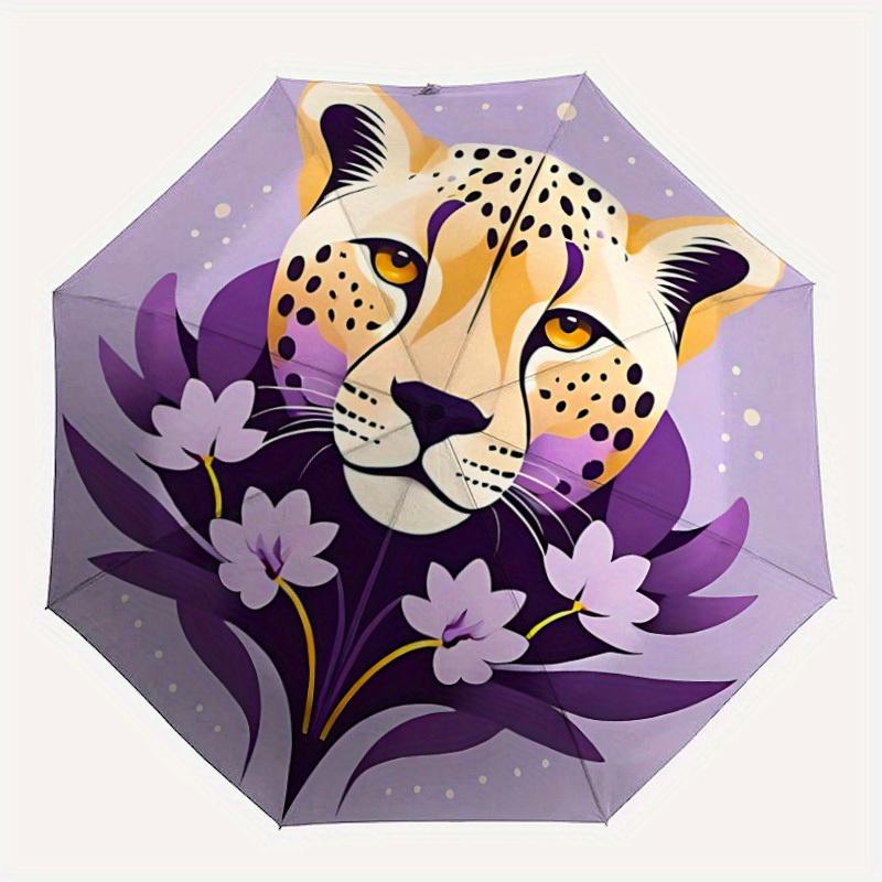 1pc Cheetah Floral Print Automatic Open/close Folding Umbrella, Compact Portable Travel Umbrella, Perfect Birthday/Christmas, Cute Umbrella,