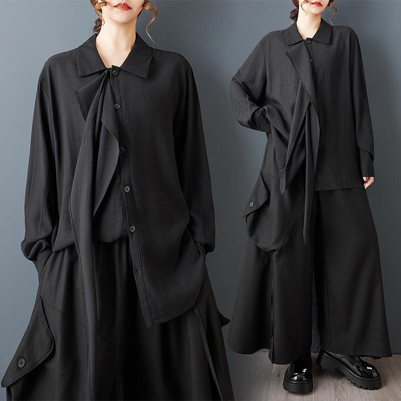 Spring Dark Style Niche Design: Loose Lapel Sashes Shirt & Wide Leg Pants Set