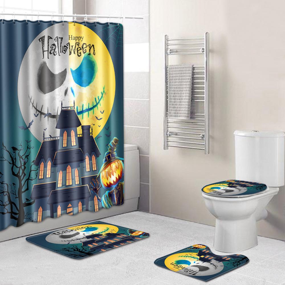 Halloween Shower Curtain Floor Mat Combination Four-Piece Set Bathroom Toilet Carpet Shower Room Foot Mat