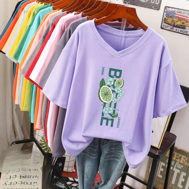 Kurzärmeliges T-Shirt, Locker sitzend, Schlankmachendes bedrucktes V-Ausschnitt-Top für Damen