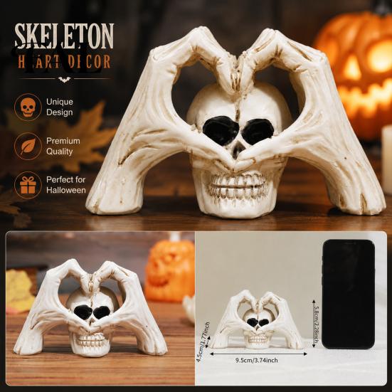 Durable Resin Art Ornament Gothic Skeleton Hands Heart Sculpture with Skull, Romantic Love Statue, Halloween Dark Style Home Accents Shape Finger