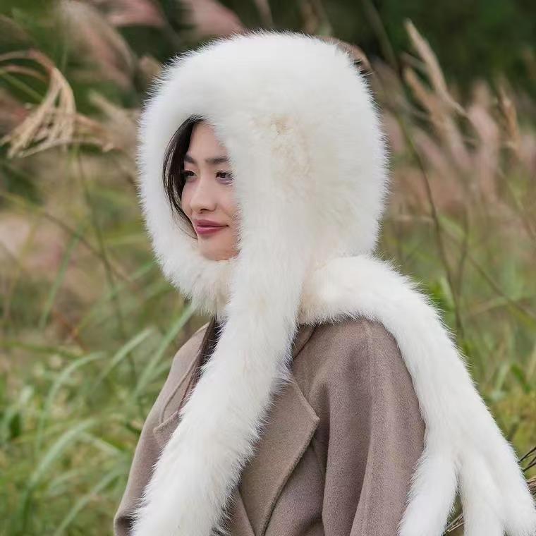 Winter Autumn New Women Casual Fashion Outdoor Keep Warm Faux Fox Fur Protect Ears Tail Russian Snow Hat Cap Collar Scarf  Wrap Shawl