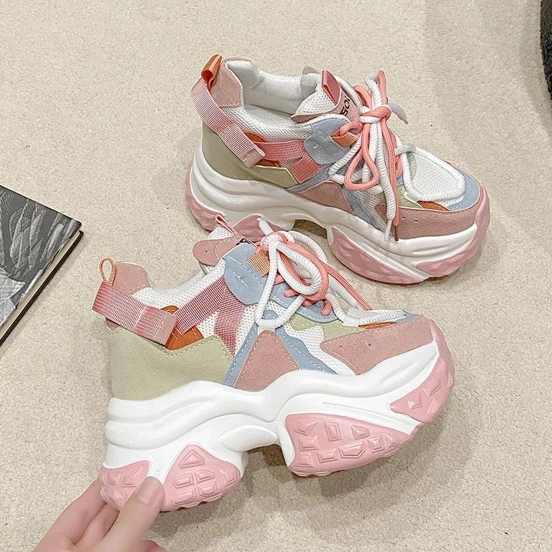 Fashion 11CM Women Mesh Chunky Sneakers 2024 Autumn High Platform Shoes Ladies New Wedges Casual Shoes Woman Sports Dad Leather Sneakers