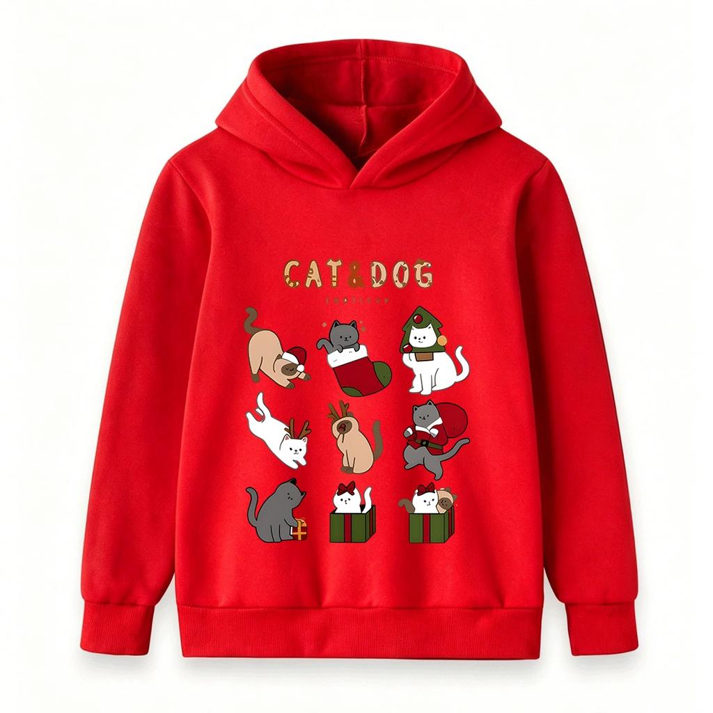 Kids Boys Girls Christmas Cat Cartoon Print Hoodie, Casual Long Sleeve Pullover Sweatshirt for Holiday Daily Wear
