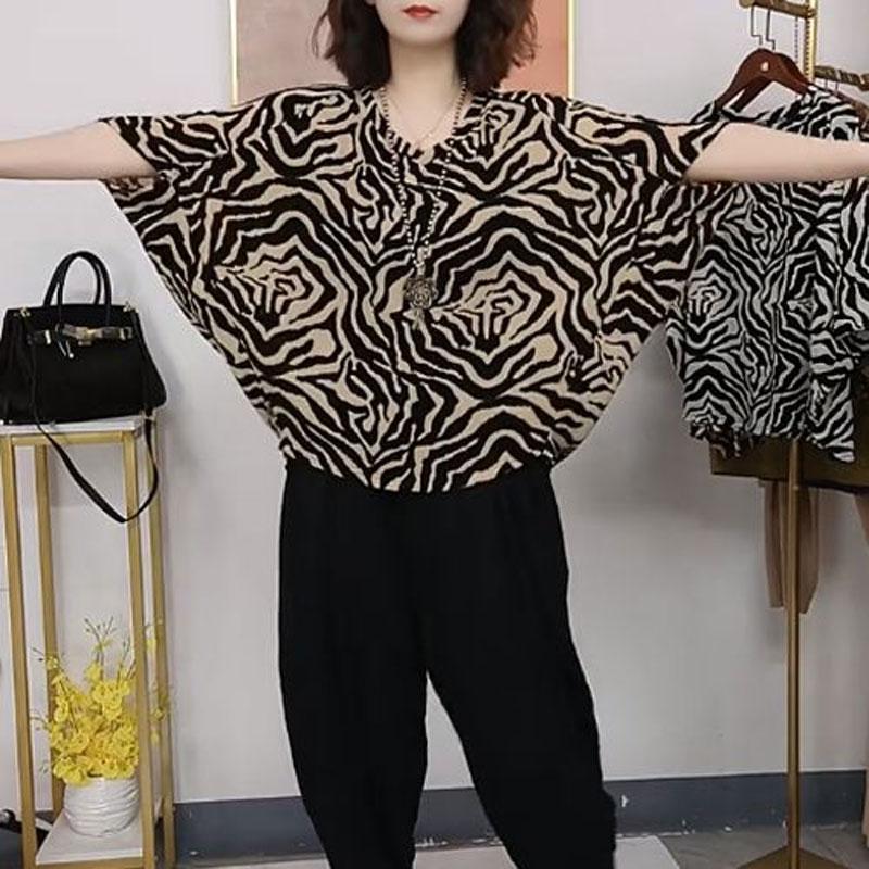 Casual Batwing Sleeve Striped Shirt Summer Loose V-Neck Vintage Printed Women's Clothing Stylish Spliced Basic Commute Blouse